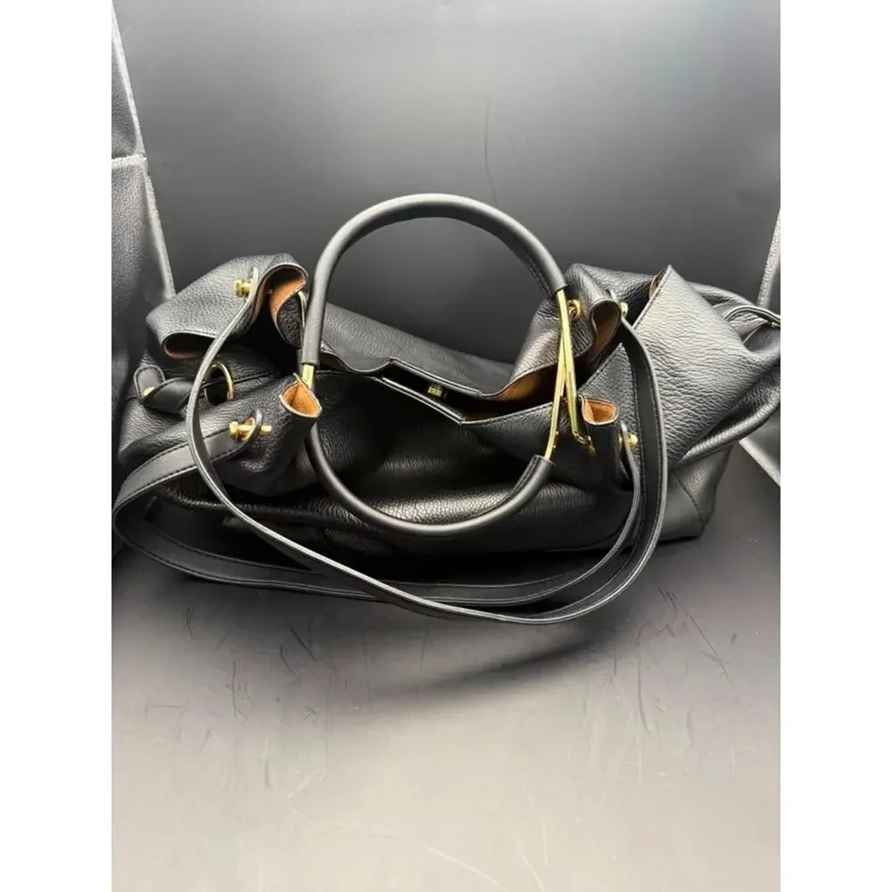 Sondra Roberts Squared Black Faux Leather Large Tote Shoulder Handbag Gold Hardw